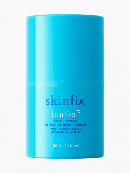 Barrier+ Exo + Ectoin Intensive Repair Serum in branded strong blue bottle with cap on light gray background