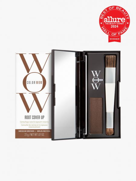 Color Wow Root Cover Up compact of brown root coverage powder on light gray background with red Allure Best of Beauty Hall of Fame seal in the top right corner