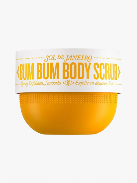 Sol de Janeiro Bum Bum Body Scrub orange jar with white lid on light gray background