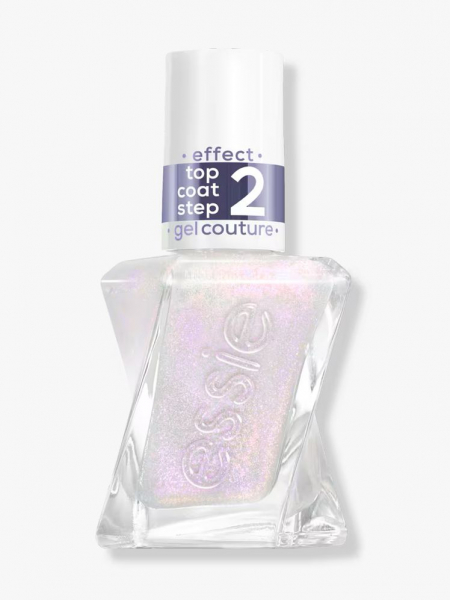 Sparkly nail polish top coat in twisted clear Essie bottle.