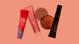 Best Primers for Oily Skin A collage of four primers on a coral background