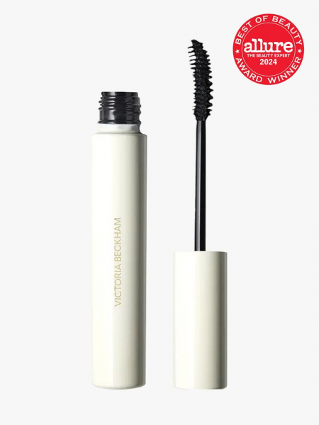 mascara and applicator wand in branded white tube packaging on light gray background with red and white 2024 allure best of beauty seal