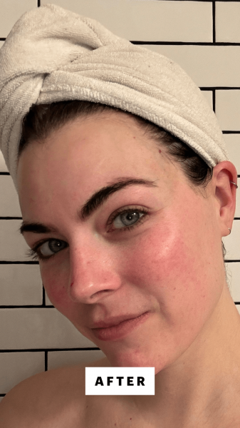 Selfie of Nicola DallAsen after applying Tower 28 SOS Daily Rescue Facial Spray