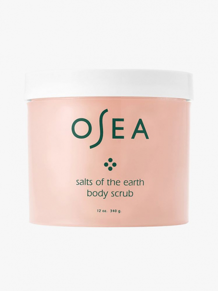 Osea Salts of the Earth Body Scrub pink jar with white lid on light gray background