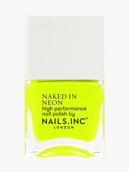 Nails Inc Neon Nail Polish in Knightrider’s Street rectangle bottle of neon yellow nail polish with white cap on light gray background