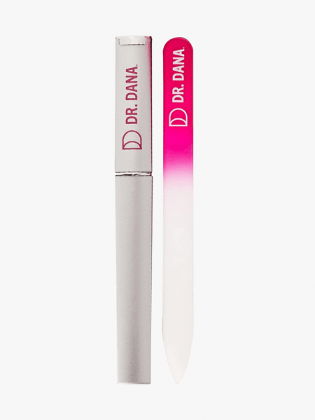 Dr. Dana Glass Nail File in branded component on a light gray background