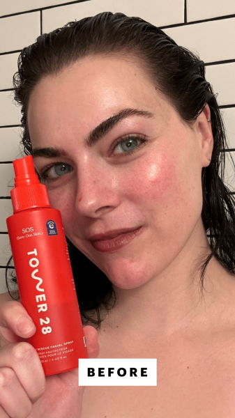 Selfie of Nicola DallAsen before applying Tower 28 SOS Daily Rescue Facial Spray