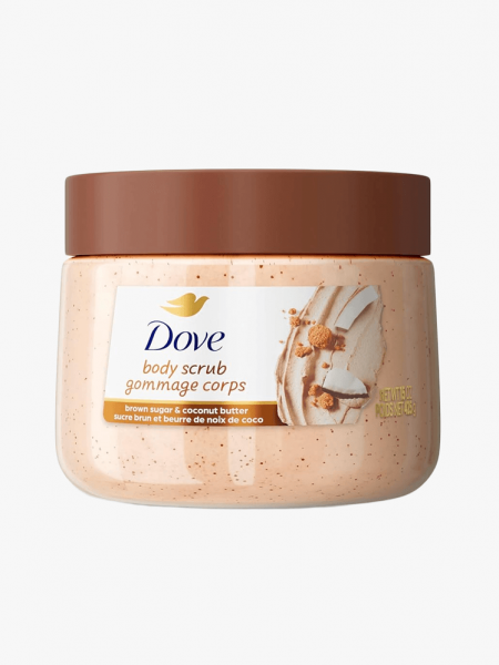 Dove Brown Sugar & Coconut Butter Exfoliating Body Scrub in branded tub component on a light gray background