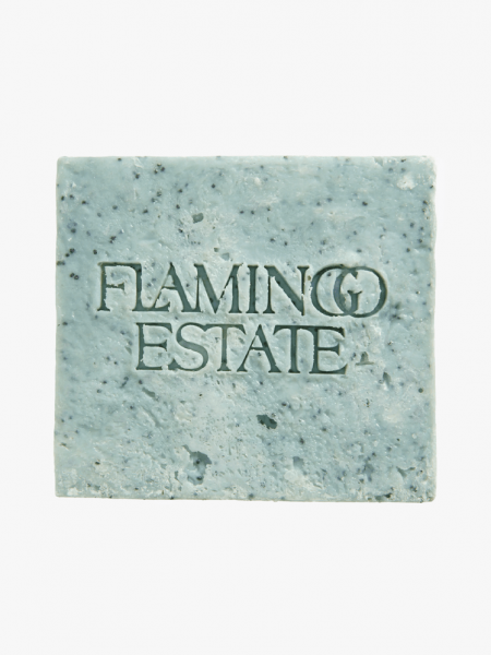 Flamingo Estate Exfoliating Peppermint Soap Brick in branded component on a light gray background