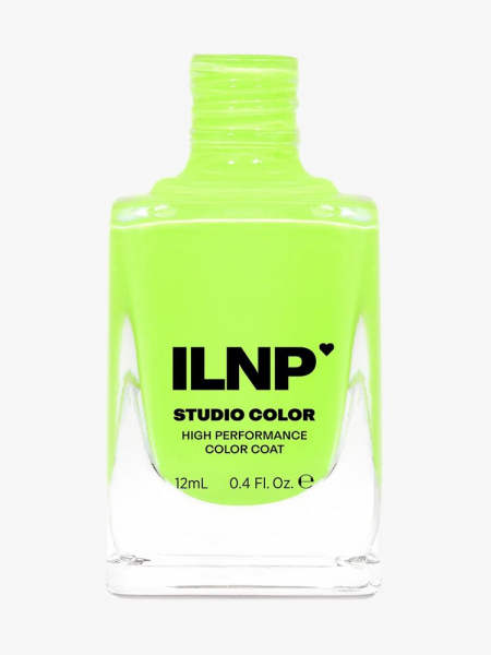 ILNP Studio Color Nail Polish in Glowing Neon Lime bottle of neon green nail polish without a cap on light gray background
