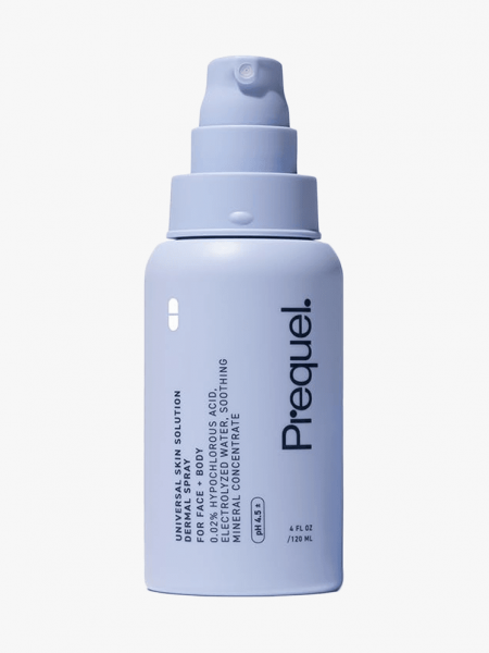 Prequel Hypochlorous Acid Spray in branded purple component on a light gray background