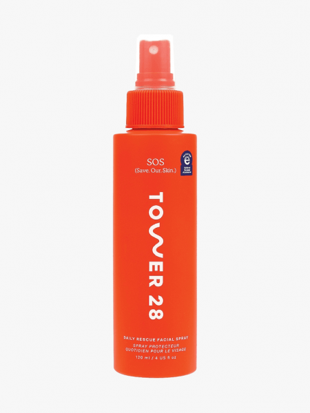 Tower 28 SOS Daily Rescue Facial Spray with Hypochlorous Acid in orange branded component on a light gray background