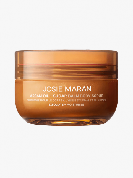Josie Maran Sugar and Argan Oil Body Scrub in Topless Tangerine in branded tub component on a light gray background