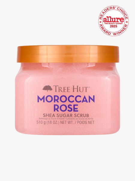 Tree Hut Moroccan Rose Shea Sugar Scrub pink jar of body scrub on light gray background with white Allure Readers' Choice Award seal in the top right corner